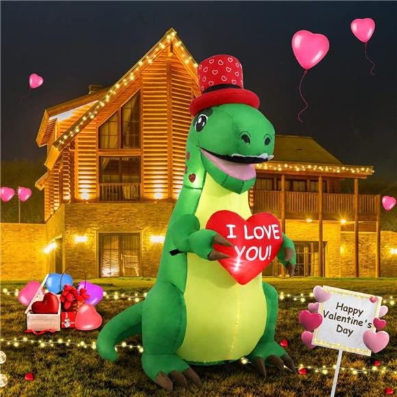 4 Ft Inflatable Dinosaur with Love Heart Blow up Yard Decoration